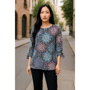 Croft & Barrow Womens Small Floral Print 3/4 Tie Sleeve Blouse